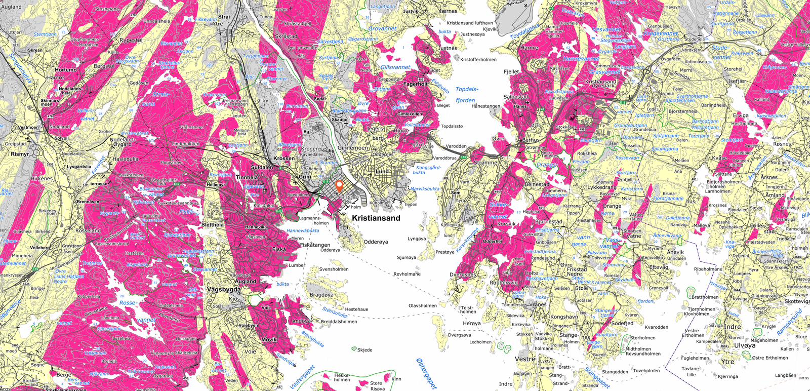 Radonkart over Kristiansandområdet - Radoninspektøren